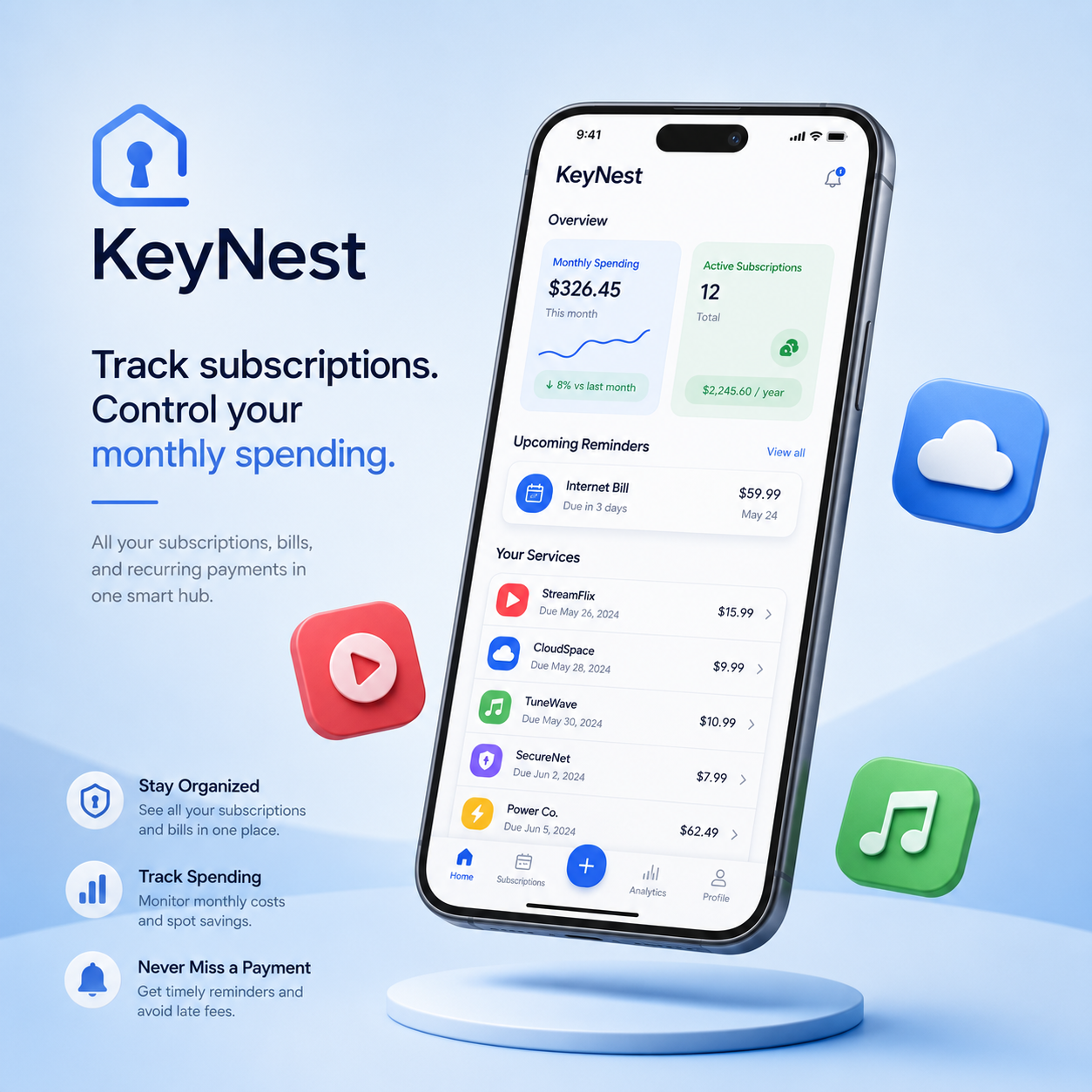 KeyNest subscription management app feed post generated by Kate AI